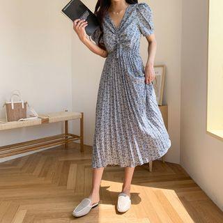 Drawstring-front Pleated Floral Print Dress
