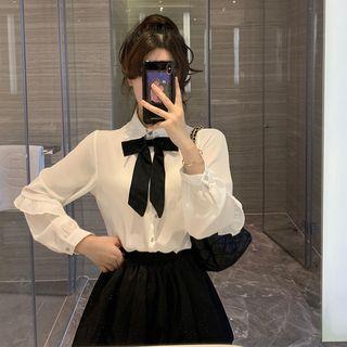 Long-sleeve Chiffon Blouse With Ribbon - White - One Size