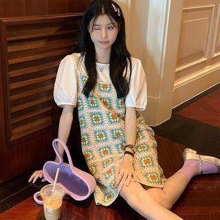 Short-sleeve Top / Spaghetti Strap Crochet Knit Dress