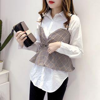 Set: Long-sleeve Blouse + Plaid Spaghetti Strap Top