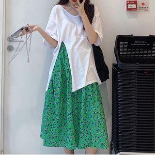 Plain Short-sleeve Slit T-shirt / Floral Midi A-line Skirt