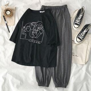 Set: Elbow-sleeve Print T-shirt + Harem Pants