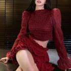 Bell-sleeve Puff-shoulder Mesh Smocked Top / High Waist Ruffle Trim Layered Shorts