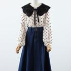 Contrast Collar Dotted Blouse / Denim Midi A-line Skirt