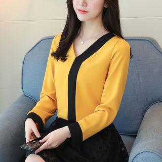 Contrast Color V-neck Chiffon Blouse