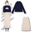 Long-sleeve Mock Neck T-shirt / Midi A-line Corduroy Skirt