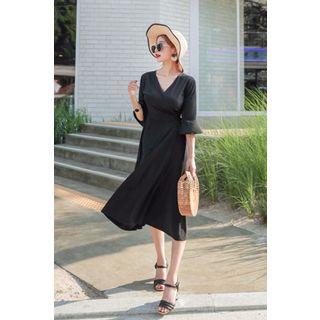 Bell-sleeve Wrap-front Midi Dress