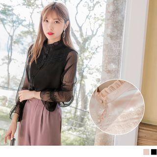 Frilled Trim Stand Collar Lace Panel Blouse