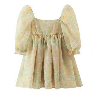 Puff-sleeve Floral Organza Dress