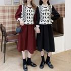 Long-sleeve Mock-neck Midi A-line Dress / Floral Crochet Vest