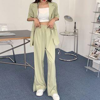 Short-sleeve Plain Double-breasted Blazer / High-waist Plain Slit-hem Wide-leg Pants