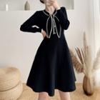 Contrast Trim Ribbon Mini A-line Knit Dress