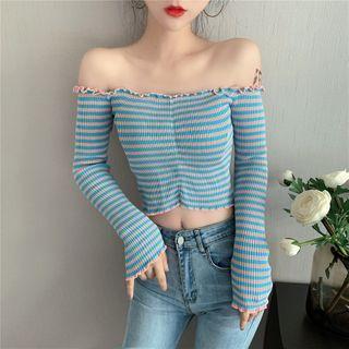 Striped Off-shoulder Ruffle Trim Sweater