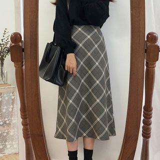 Diamond Plaid Midi A-line Skirt