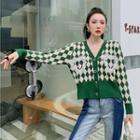 Argyle Ruffle Cropped Cardigan Green - One Size