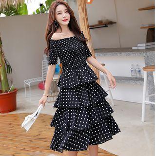 Cold Shoulder Elbow-sleeve Tiered Dress