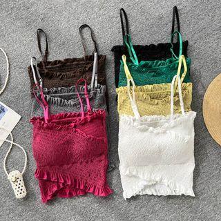 Suspender Plain Ruffle Cropped Tank Top