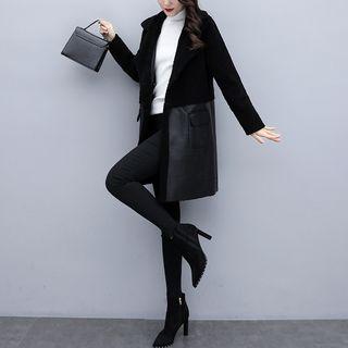 Faux-leather Panel Double-breasted Coat