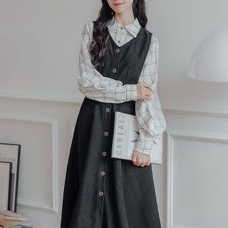 Set: Plaid Shirt + Button-up Mid Overall Dress