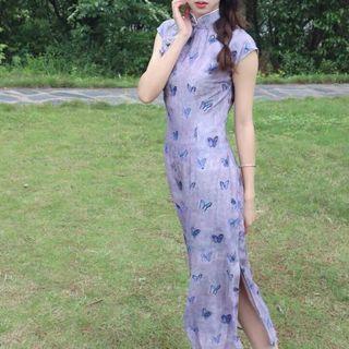 Cap-sleeve Butterfly Print Midi Qipao