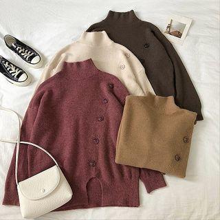 Plain Mock-neck Asymmetric Button Sweater