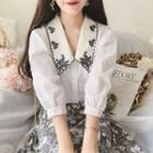 Embroidered Collar Elbow-sleeve Blouse White - One Size