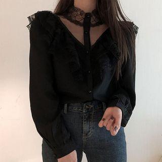Lace Ruffle Blouse / A-line Mini Tweed Skirt
