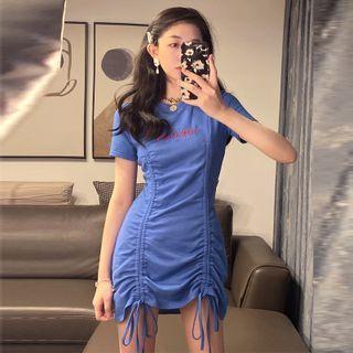 Short-sleeve Letter Embroidered Drawstring Mini T-shirt Dress Blue - One Size