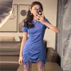 Short-sleeve Letter Embroidered Drawstring Mini T-shirt Dress Blue - One Size