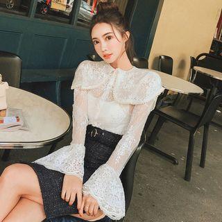 Beaded Bell-sleeve Lace Blouse