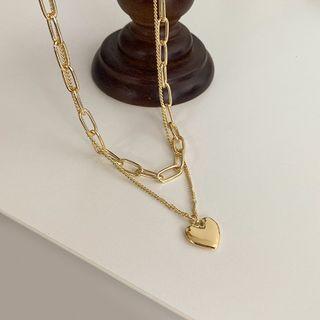 Heart Pendant Layered Alloy Necklace Necklace - Layered Love Heart - Gold - One Size