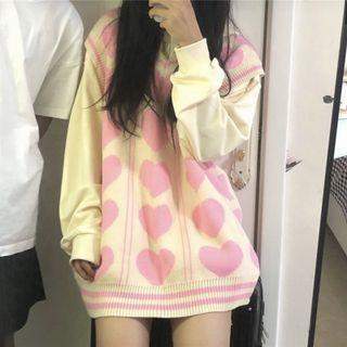 Heart Print Sweater Vest Light Yellow - One Size