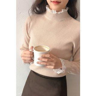 Lace-detail Wool Blend Rib Knit Top Beige - One Size