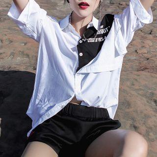 Lettering Elbow-sleeve Paneled Shirt White - One Size