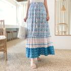 Band-waist Patterned Maxi Skirt Sky Blue - One Size