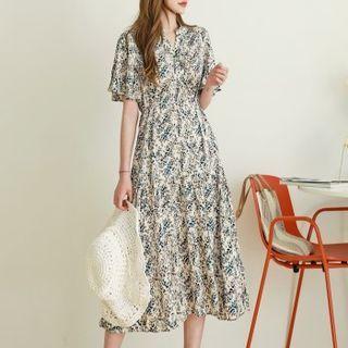 Open-placket Foliage Long Dress With Sash