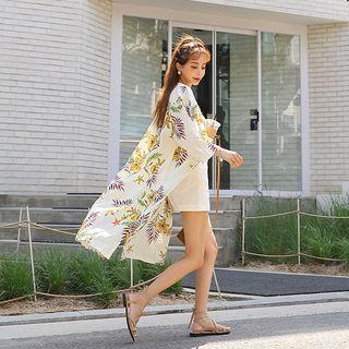 Elbow-sleeve Foliage Midi Robe Jacket