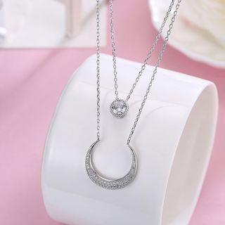 925 Sterling Silver Fashion Bright Moon Double Cubic Zircon Necklace Silver - One Size
