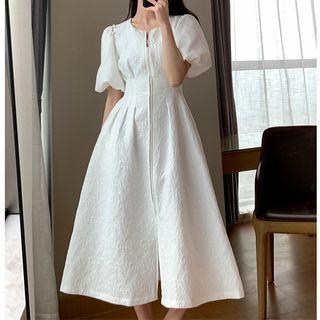 Puff-sleeve Zip Midi A-line Dress