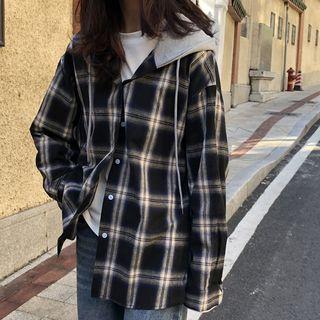Plaid Hooded Shirt Jacket Navy Blue - One Size