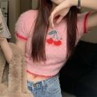 Short-sleeve Cherry Knit Top Pink - One Size