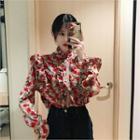 Frill-trim Floral Print Blouse Red - One Size