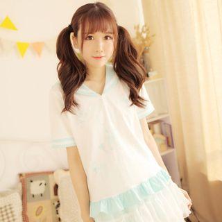 Rabbit Print Sailor Collar Ruffle Hem Short-sleeve T-shirt
