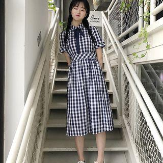 Slim-fit Peter-pan Collar Check Dress