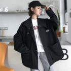 Lettering Embroidered Button Jacket Black - One Size