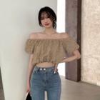 Plain Off Shoulder Cropped Blouse / High-waist Washed Boot-cut Jeans