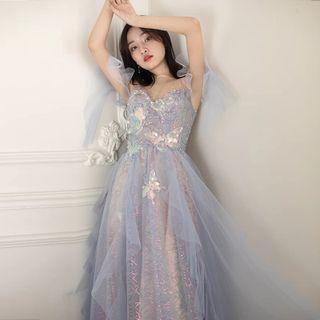 Cold Shoulder Embroidered A-line Gown