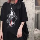 Devil Print Elbow-sleeve T-shirt Black - One Size