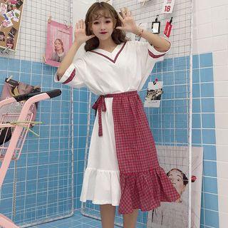 Set: Elbow-sleeve T-shirt Dress + Plaid Wrap Skirt