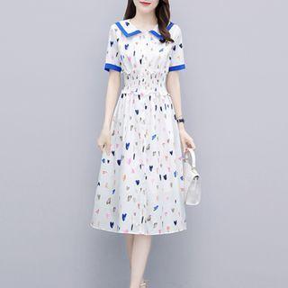 Contrast Trim Collar Heart Print Midi A-line Dress